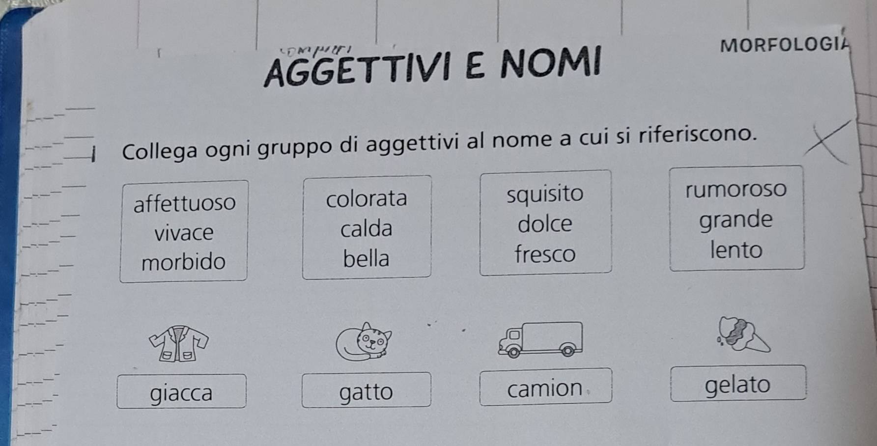 AGGETTIVI E NOMI
MORFOLOGI
Collega ogni gruppo di aggettivi al nome a cui si riferiscono.
affettuoso squisito
colorata
rumoroso
vivace calda
dolce grande
morbido bella
fresco
lento
giacca gatto camion gelato