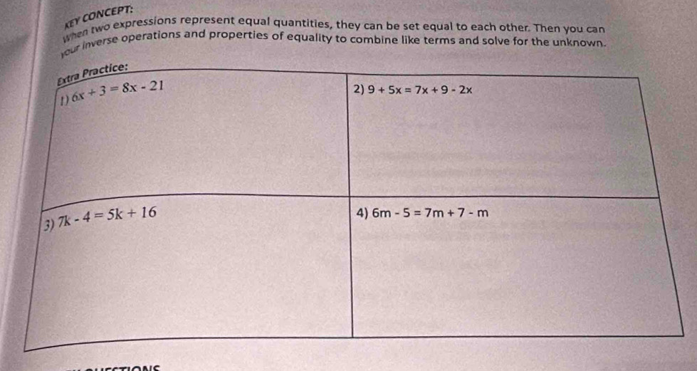 KEY CONCEPT:
when two expressions represent equal quantities, they can be set equal to each other. Then you can
our inverse operations and properties of equality to combine like terms and solve for the unknown.