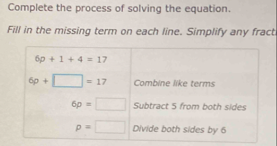 Complete the process of solving the equation.
Fill in the missing term on each line. Simplify any fract