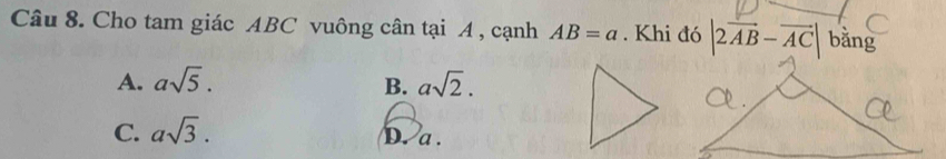 Cho tam giác ABC vuông cân tại A , cạnh AB=a. Khi đó |2vector AB-vector AC| bằng
A. asqrt(5). B. asqrt(2).
C. asqrt(3).
D. a.