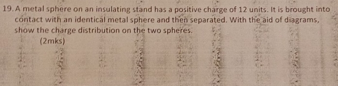 A metal sphere on an insulating stand has a positive charge of 12 units. It is brought into 
contact with an identical metal sphere and then separated. With the aid of diagrams, 
show the charge distribution on the two spheres. 
(2mks)