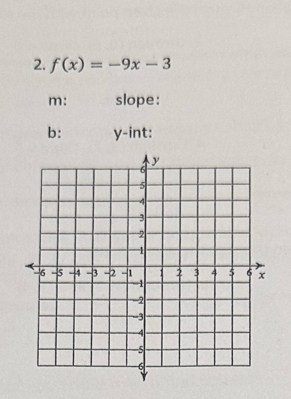 f(x)=-9x-3
m: slope: 
b: y -int: