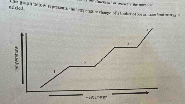 the statement or answers the question. 
added. 
The graph below represents the temperature change of a beaker of ice as more heat energy is
4
3
2
1
Heat Energy