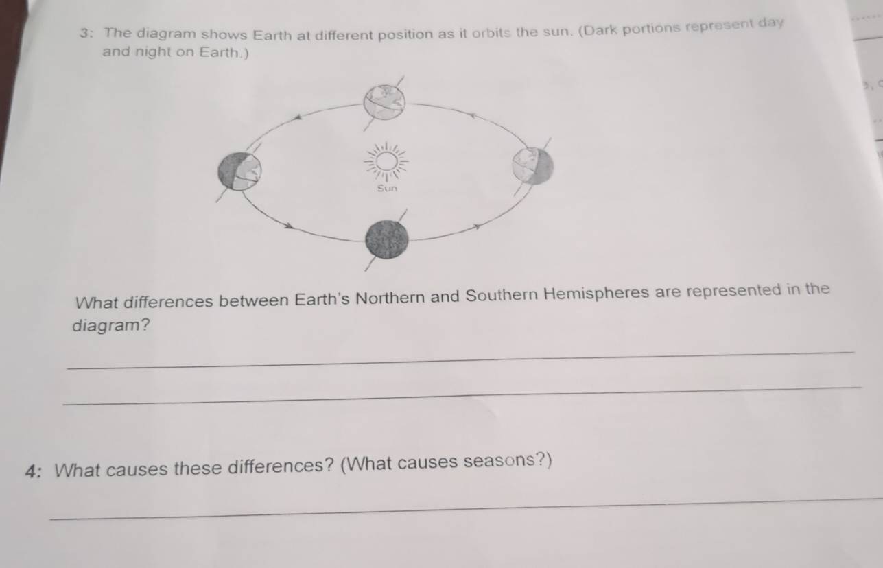 3: The diagram shows Earth at different position as it orbits the sun. (Dark portions represent day
and night on Earth.) 
3、C 
What differences between Earth's Northern and Southern Hemispheres are represented in the 
diagram? 
_ 
_ 
4: What causes these differences? (What causes seasons?) 
_