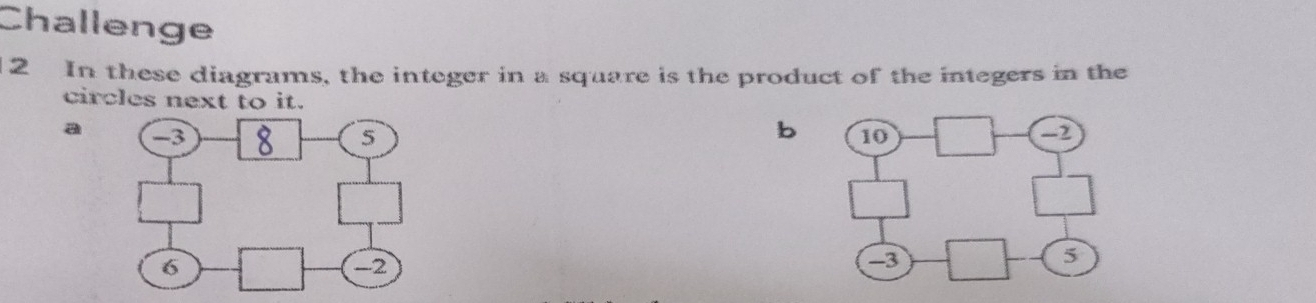 Challenge 
2 In these diagrams, the integer in a square is the product of the integers in the 
circles next to it. 
b 
a