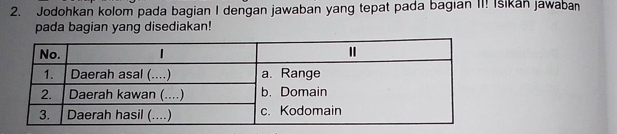 Jodohkan kolom pada bagian I dengan jawaban yang tepat pada bagian II! Isikan jawaban 
pada bagian yang disediakan!