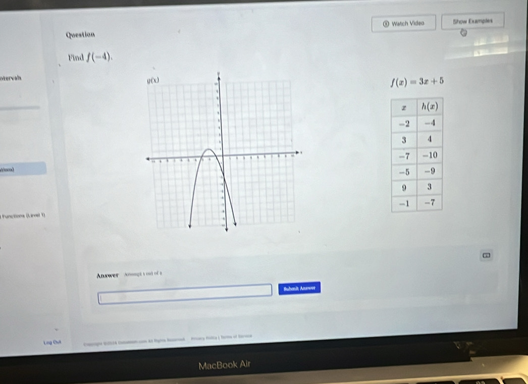 Watch Video Show Examples
Question
Find f(-4).
Intervals
f(x)=3x+5
_
 
  
Functions ( Level 1
~
Answer  Anompt t out of a
Suhmit Answer
Log Cut Comigne Q05dA Coatestccn Alt Righia Raeronk- Priuecy Fisllicz ( Toms of Savvice
MacBook Air