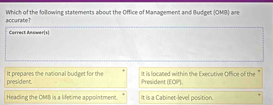 Which of the following statements about the Office of Management and Budget (OMB) are
accurate?
Correct Answer(s)
It prepares the national budget for the It is located within the Executive Office of the
president. President (EOP).
Heading the OMB is a lifetime appointment. + It is a Cabinet-level position.