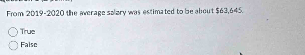 From 2019-2020 the average salary was estimated to be about $63,645.
True
False