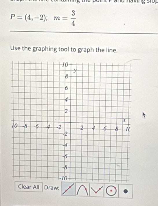 P=(4,-2); m= 3/4 
Use the graphing tool to graph the line. 
Clear All Draw: