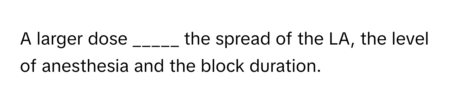 A larger dose _____ the spread of the LA, the level of anesthesia and the block duration.