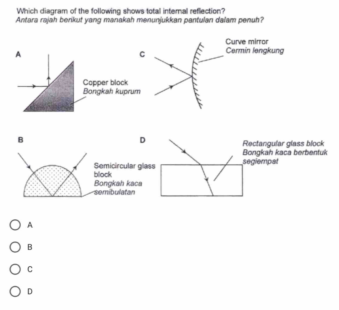 Which diagram of the following shows total internal reflection?
Antara rajah berikut yang manakah menunjukkan pantulan dalam penuh?
A
Copper block
Bongkah kupru
B
D
Rectangular glass block
Bongkah kaca berbentuk
Semicircular glass
segiempat
block
Bongkah kaca
semibulatan
A
B
C
D