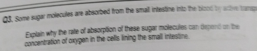 Some sugar molecules are absorbed from the small intestine into the blood by active tramsp 
Explain why the rate of absorption of these sugar molecules can depend on the 
concentration of oxygen in the cells lining the small intestine.