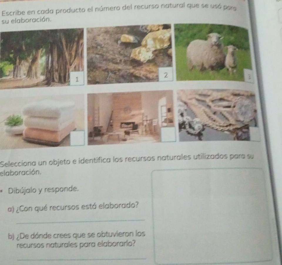 Escribe en cada producto el número del recurso natural que se usó pare 
su elaboración. 
Selecciona un objeto e identífica los recursos naturales utilizados para su 
elaboración. 
* Dibújalo y responde. 
a) ¿Con qué recursos está elaborado? 
_ 
b) ¿De dónde crees que se obtuvieron los 
recursos naturales para elaborarlo? 
_