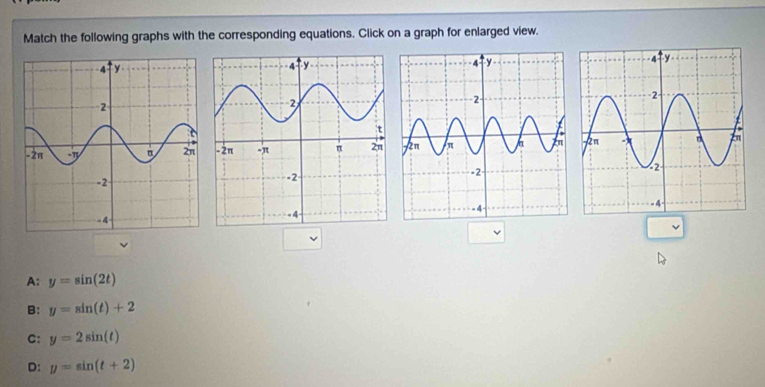 Match the following graphs with the corresponding equations. Click on a graph for enlarged view,
ν
A: y=sin (2t)
B: y=sin (t)+2
C: y=2sin (t)
D: y=sin (t+2)