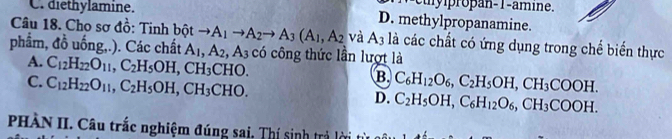 ropan-1-amine.
C. diethylamine. D. methylpropanamine.
Câu 18. Cho sơ đồ: Tinh bột to A_1to A_2to A_3(A_1,A_2 và A_3 là các chất có ứng dụng trong chế biển thực
phẩm, đồ uống,.). Các chất A_1, A_2, A_3 có công thức lần lượt là
A. C_12H_22O_11, C_2H_5OH, CH_3CHO. C_6H_12O_6, C_2H_5OH, CH_3COOH.
C. C_12H_22O_11, C_2H_5OH, CH_3CHO. 
B
D. C_2H_5OH, C_6H_12O_6, CH_3COOH. 
PHÀN II. Câu trắc nghiệm đúng sai. Thí sinh trả lời từ 0