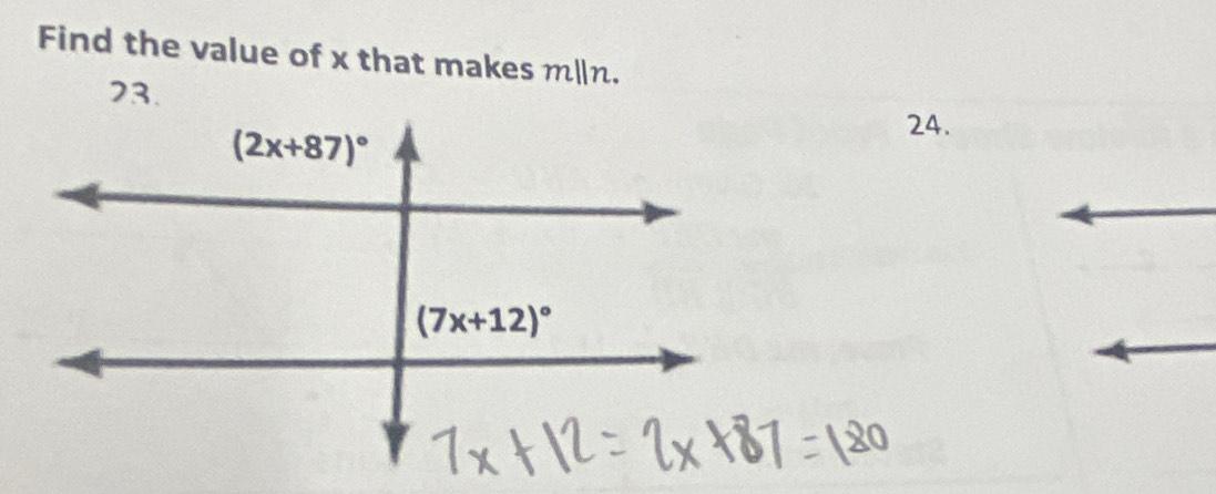 Find the value of x that makes m||n.
23.
24.