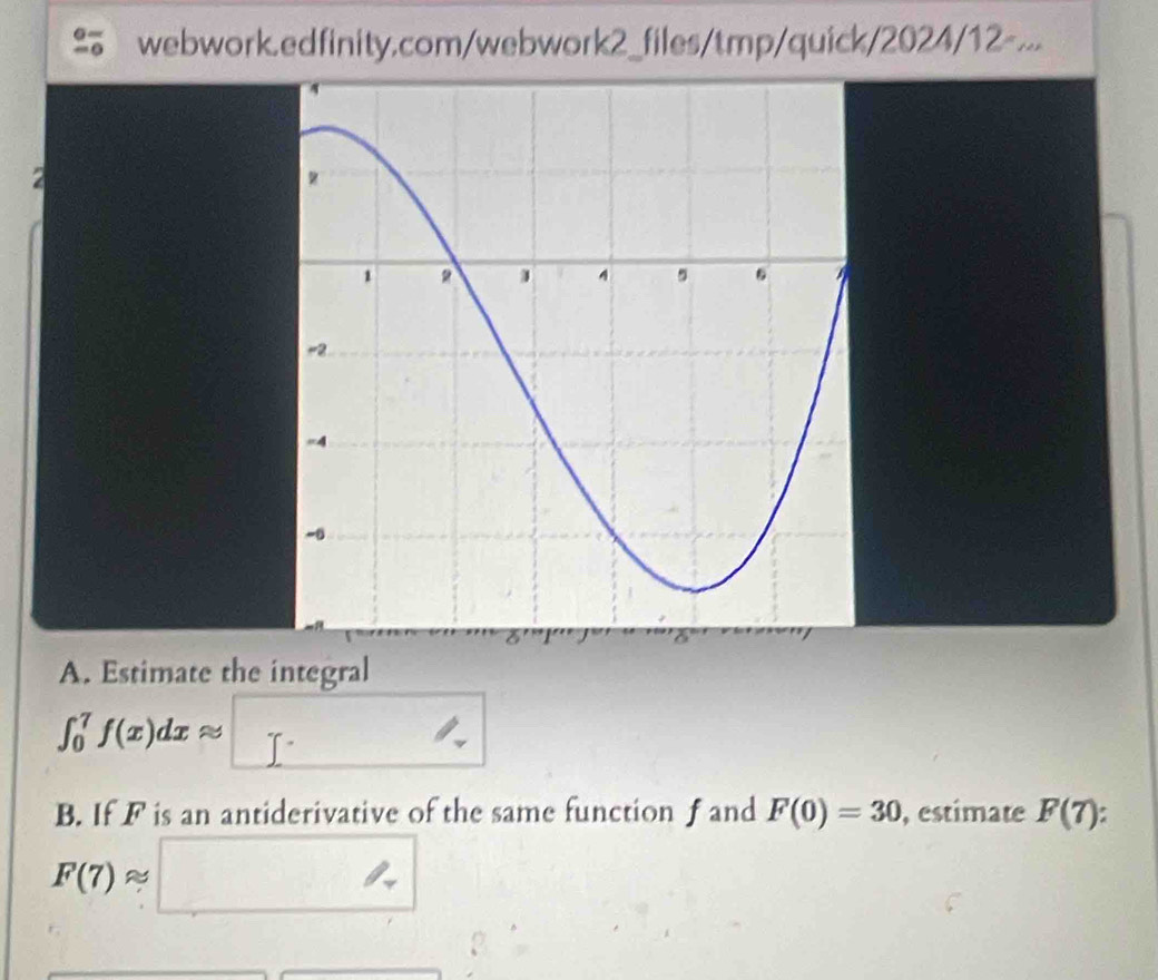 webwork.edfinity.com/webwork2_files/tmp/quick/2024/12-... 
A. Estimate the integral
∈t _0^(7f(x)dxapprox □. 
B. If F is an antiderivative of the same function f and F(0)=30 , estimate F(7)
F(7)approx _ )