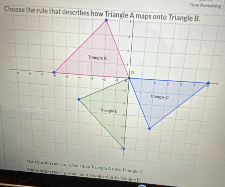 Time Remaining
The rotation rule (-y,x) will map Triangle A onto Triangle B.