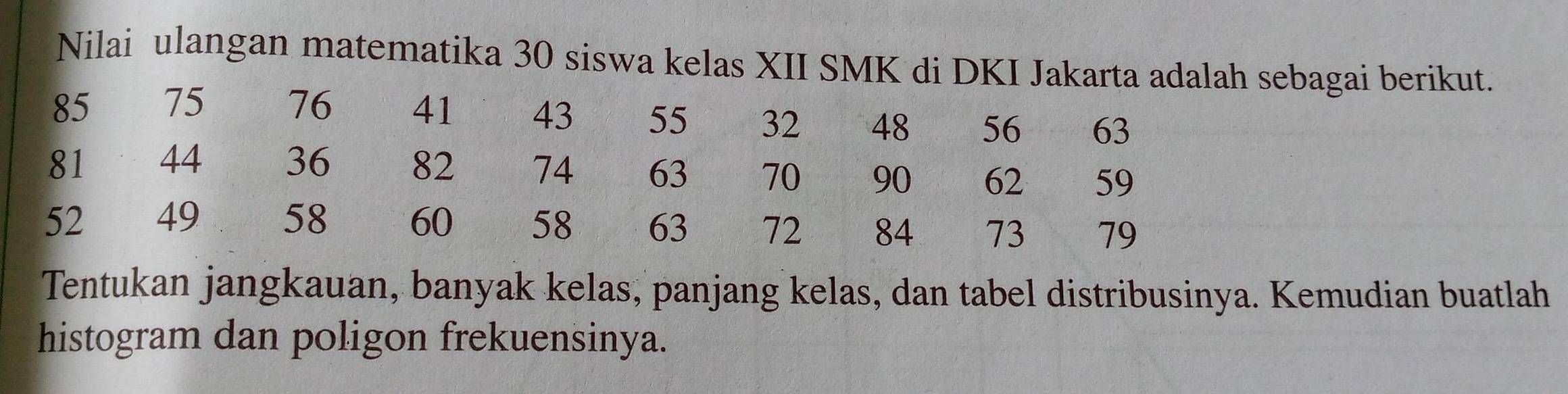 Nilai ulangan matematika 30 siswa kelas XII SMK di DKI Jakarta adalah sebagai berikut.
85 75 76 41 43 55 32 48 56 63
81 44 36 82 74 63 70 90 62 59
52 49 58 60 58 63 72 84 73 79
Tentukan jangkauan, banyak kelas, panjang kelas, dan tabel distribusinya. Kemudian buatlah 
histogram dan poligon frekuensinya.