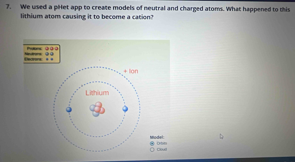 We used a pHet app to create models of neutral and charged atoms. What happened to this 
lithium atom causing it to become a cation?