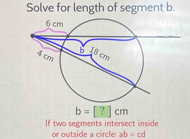 Solve for length of segment b.
b=[?]cm
If two segments intersect inside 
or outside a circle: ab=cd