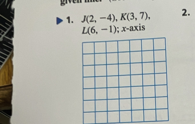 given 
1. J(2,-4), K(3,7), 
2.
L(6,-1); x-axis