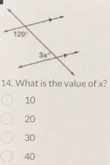 What is the value of x?
10
20
30
40