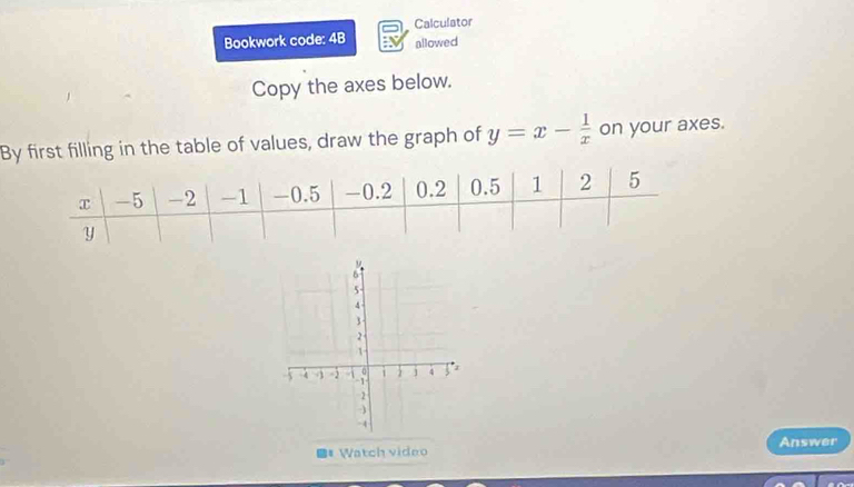 Calculator 
Bookwork code: 4B allowed 
Copy the axes below. 
By first filling in the table of values, draw the graph of y=x- 1/x  on your axes. 
# Watch video Answer