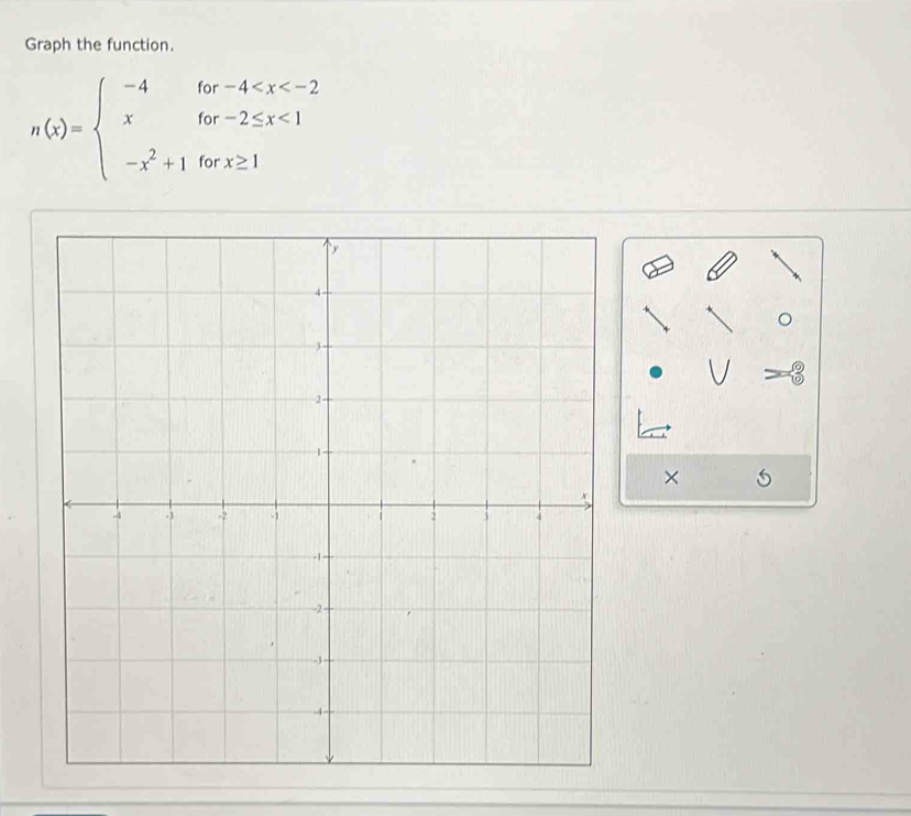 Graph the function.
n(x)=beginarrayl -4for-4 <1 -x^2+1forx≥ 1endarray.
9 
×