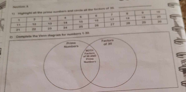 of 36. 
_ 
2) Complete the Venn diagram for nu 
Prime Factors 
Numbers of 30
BOTH 
Factors 
of 30 AND 
Prime 
Numbers