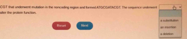 CGT that underwent mutation in the noncoding region and formed ATGCGATACGT. The sequence underwent 
alter the protein function. 
Reset Next