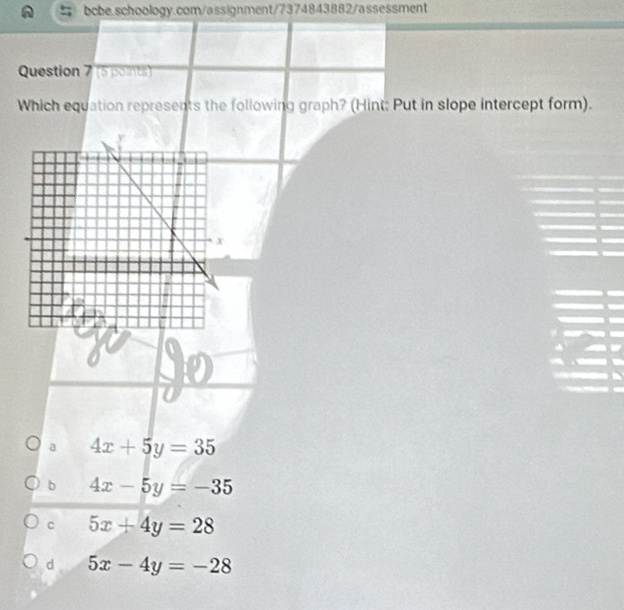 Which equation represents the following graph? (Hint: Put in slope intercept form).
a 4x+5y=35
b 4x-5y=-35
C 5x+4y=28
d 5x-4y=-28