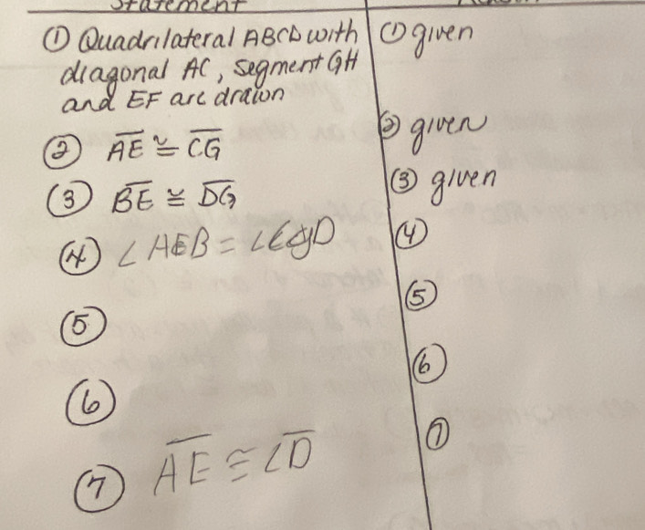 oratcocnt 
① Quadrilateral ABCD with ①given 
diagonal AC, segment GH
and EF arc drawn 
② overline AE≌ overline CG
⑤gioen
overline BE≌ overline DG
( given 
④ ∠ AEB=∠ CAD ④ 
⑤ 
⑤ 
⑥ 
⑦ overline AE≌ overline CD
①