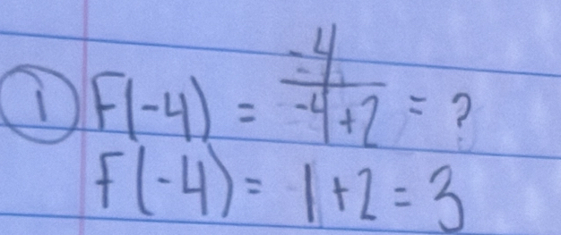 1 F(-4)= (-4)/-4+2 = ?
f(-4)=1+2=3