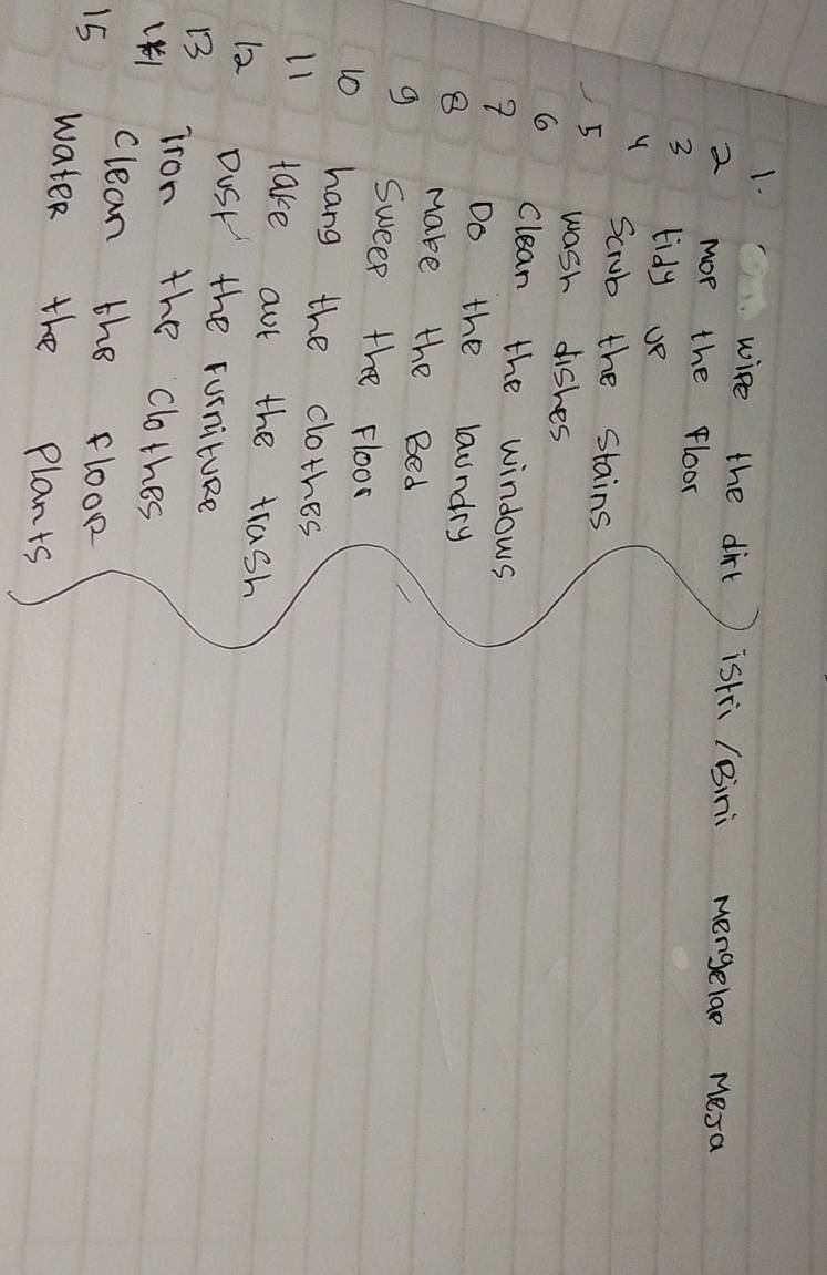 wife the dirt istri (Bini mengelae Mesa 
2 mor the floor 
3 tidy ue 
Scrub the stains 
5 wash dishes 
Clean the windows 
Do the laundry 
8 make the Bed 
g Sweep the Floor 
to hang the clothes 
l1 take aut the trash
12 Dust the rurnituRe 
1 iron the clothes 
clean the floor
15 water the plants