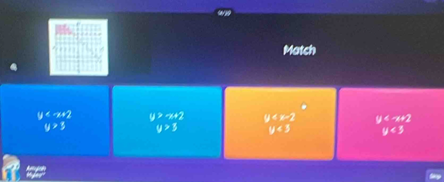 Match
y
y>-x+2
y
y
y>3
y>3
y<3</tex>
y<3</tex> 
tye