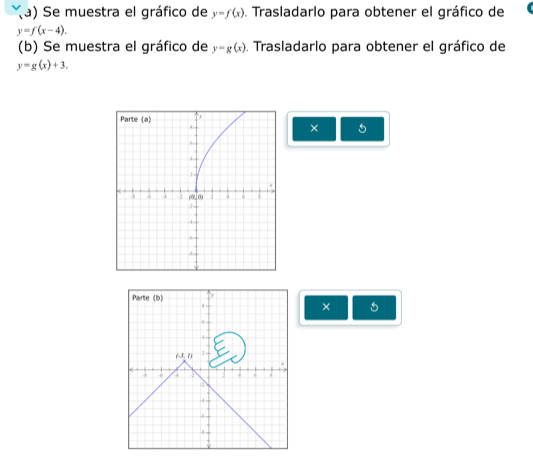 Se muestra el gráfico de y=f(x). Trasladarlo para obtener el gráfico de
y=f(x-4).
(b) Se muestra el gráfico de y=g(x). Trasladarlo para obtener el gráfico de
y=g(x)+3.
× 5
× 5