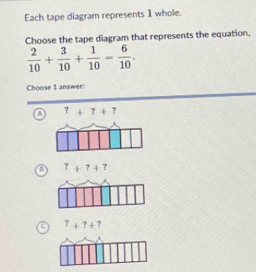 Each tape diagram represents 1 whole.
Choose the tape diagram that represents the equation,
 2/10 + 3/10 + 1/10 = 6/10 . 
Choose 1 answer:
?+?+?
?+?+?
a ?+?+?