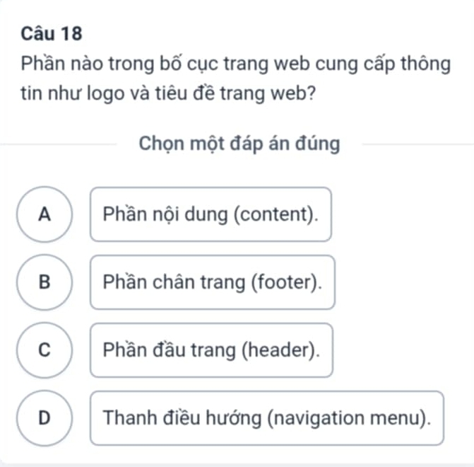 Phần nào trong bố cục trang web cung cấp thông
tin như logo và tiêu đề trang web?
Chọn một đáp án đúng
A Phần nội dung (content).
B Phần chân trang (footer).
C Phần đầu trang (header).
D Thanh điều hướng (navigation menu).