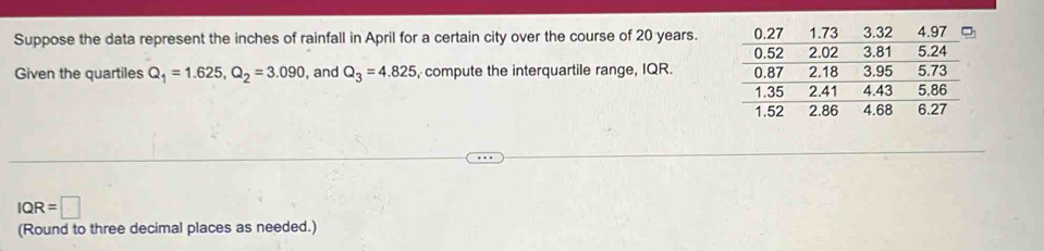 Suppose the data represent the inches of rainfall in April for a certain city over the course of 20 years. 
Given the quartiles Q_1=1.625, Q_2=3.090 , and Q_3=4.825 , compute the interquartile range, IQR.
IQR=□
(Round to three decimal places as needed.)