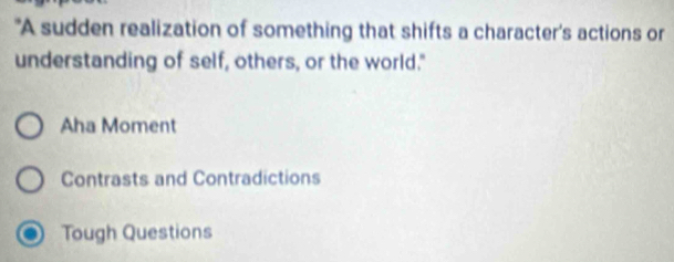 "A sudden realization of something that shifts a character's actions or
understanding of self, others, or the world."
Aha Moment
Contrasts and Contradictions
Tough Questions