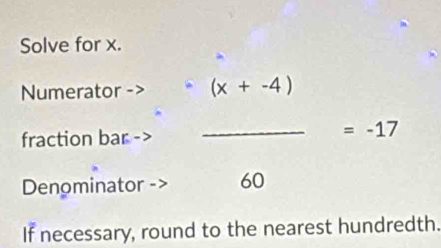 Solve for x. 
Numerator - (x+-4)
fraction bar - _= -17
Denominator 60
If necessary, round to the nearest hundredth.