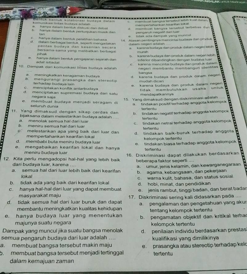 Bentuk-bentuk kolaborasi budaya dalam
cmembuat bangs a tersebut lebih kuat daian.
komunikasi lintas budaya adalah
mempertahankan keanfan lokal
a hanya dalam bentuk diskusi dan debat
b  hanya dalam bentuk pertunjukan musik dan d membuat bangsa tersebut terbebas dan
tan pengaruh negatif dari luar
c. hanya dalam bentuk pelatihan bahasa e. tidak ada dampak yang muncul
d. dalam berbagai bentuk, seperti mengadakan 14. Alasan pentingnya mencintai budaya dan produk
pentas budaya dan kesenian secara dalam negeri adalah
bersama-sama yang melibatkan berbaga a. karena budaya dan produk dalam negeri lebih
pihak murah -
e. hanya dalam bentuk pengajaran sejarah dan b karena budaya dan produk dalam negen lebih
adat istiadat Inferior dibandingkan dengan budaya luar
10. Dampak dari komunikasi lintas budaya adalah c karena mencintai budaya dan produk dalam
negeri membantu membangun identitas
bangsa
a. meningkatkan keragaman budaya
b. mengurangi prasangka dan stereotip d. karena budaya dan produk dalam negeri 
mudah dicari
terhadap budaya lain
e. karena budaya dan produk dalam negeri
c. menciptakan konflik antarbudaya
d. menciptakan supremasi budaya dari satu tidak membutuhkan usaha untuk 
negará saja mendapatkannya
e. membuat budaya menjadi seragam di 15. Yang dimaksud dengan diskriminasi adalah
a. tindakan positif terhadap anggota kelompok
seluruh dunia tertentu
11. Yang dimaksud dengan sikap cerdas dan be  tindakan negatif terhadap anggota kelompok
bijaksana dalam melestarikan budaya adalah
a. menolak semua hal dari luar tertentu
b. meniru semua hal dari luar c. tindakan netral terhadap anggota kelompok
tertentu
c. melestarikan apa yang baik dari luar dan d. tindakan baik-buruk terhadap anggota
mempertahankan kearifan lokal
d. membabi buta meniru budaya luar kelompok tertentu
e. mengabaikan kearifan lokal dan hanya e.tindakan biasa terhadap anggota kelompok
tertentu
meniru budaya luar
12. Kita perlu mengadopsi hal-hal yang lebih baik 16. Diskriminasi dapat dilakukan berdasarkan
beberapa faktor seperti ....
dari budaya luar, karena …...
a. semua hal dari luar lebih baik dari kearifan a. umur, jenis kelamin, dan kewarganegaraan
lokal b. agama, kebangsaan, dan pekerjaan
b. tidak ada yang baik dari kearifan lokal c. warna kulit, bahasa, dan status sosial
d. hobi, minat, dan pendidikan
c. hanya hal-hal dari luar yang dapat membuat e. jenis rambut, tinggi badan, dan berat badan
masyarakat maju 17. Diskriminasi sering kali didasarkan pada ....
d. tidak semua hal dari luar buruk dan dapat a. pengalaman dan pengetahuan yang akur
membantu meningkatkan kualitas kehidupan tentang kelompok tertentu
e. hanya budaya luar yang menentukan b. pengamatan objektif dan kritikal terha
majunya suatu negara kelompok tertentu
Dampak yang muncul jika suatu bangsa menolak d. penilaian individu berdasarkan prestasi
semua pengaruh budaya dari luar adalah .... kualifikasi yang dimilikinya
a. membuat bangsa tersebut makin maju e. prasangka atau stereotip terhadap keld
b. membuat bangsa tersebut menjadi tertinggal tertentu
dalam kemajuan zaman