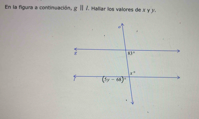 En la figura a continuación, gparallel l. Hallar los valores de x y y.