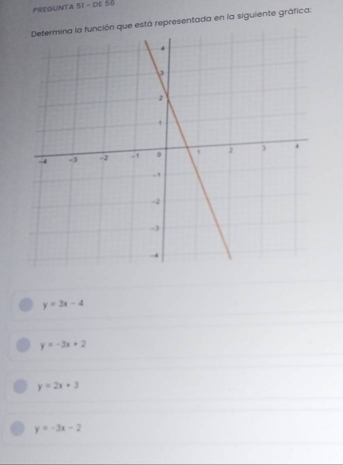 PREGUNTA 51 - DE 56
e está representada en la siguiente gráfica:
y=3x-4
y=-3x+2
y=2x+3
y=-3x-2