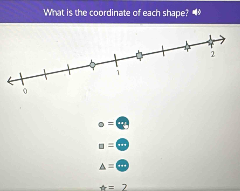 What is the coordinate of each shape?
o=ex_0
□ = (circ circ
△ =(·s
t=2