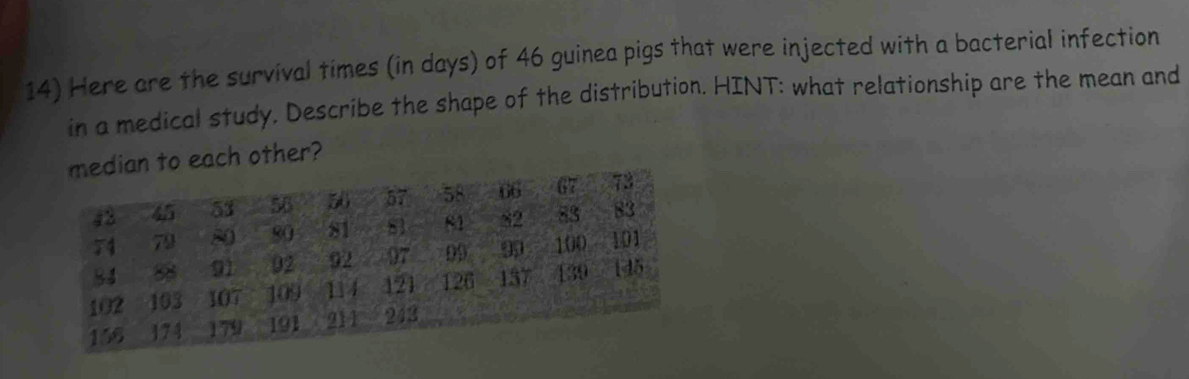 Here are the survival times (in days) of 46 guinea pigs that were injected with a bacterial infection 
in a medical study, Describe the shape of the distribution. HINT: what relationship are the mean and 
median to each other?