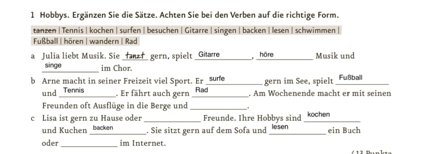 Hobbys. Ergänzen Sie die Sätze. Achten Sie bei den Verben auf die richtige Form. 
tanzen |Tennis |kochen | surfen | besuchen |Gitarre |singen |backen | lesen | schwimmen | 
Fußball | hören | wandern | Rad 
a Julia liebt Musik. Sie _fanz†_ gern, spielt _Gitarre , höre _Musik und 
singe im Chor. 
b Arne macht in seiner Freizeit viel Sport. Er _sude gern im See, spielt _Fußball 
und Tennis_ . Er fährt auch gern _. Am Wochenende macht er mit seinen 
Freunden oft Ausflüge in die Berge und _. 
c Lisa ist gern zu Hause oder _Freunde. Ihre Hobbys sind _kochen 
und Kuchen backen . Sie sitzt gern auf dem Sofa und lésen ein Buch 
oder _im Internet.