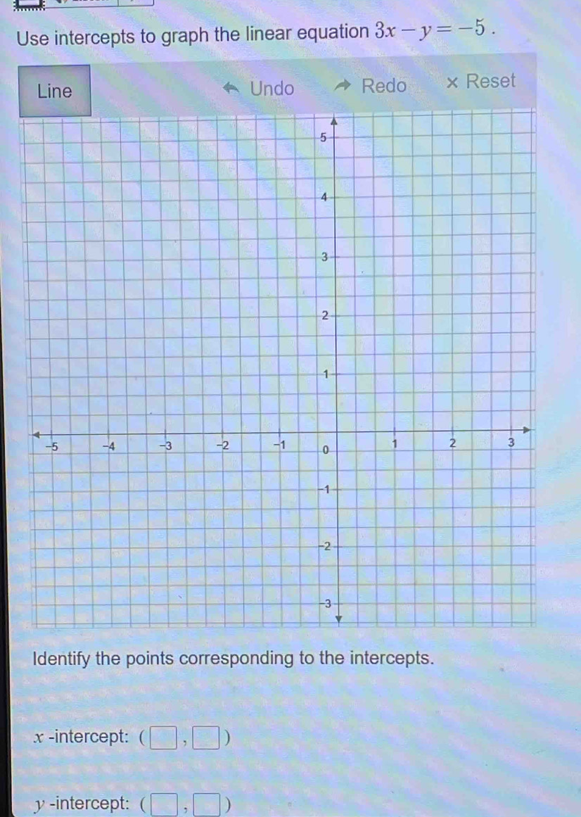 Use intercepts to graph the linear equation 3x-y=-5. 
Line Undo Redo × Reset 
Identify the points corresponding to the intercepts.
x -intercept: (□ ,□ )
y -intercept: (□ ,□ )